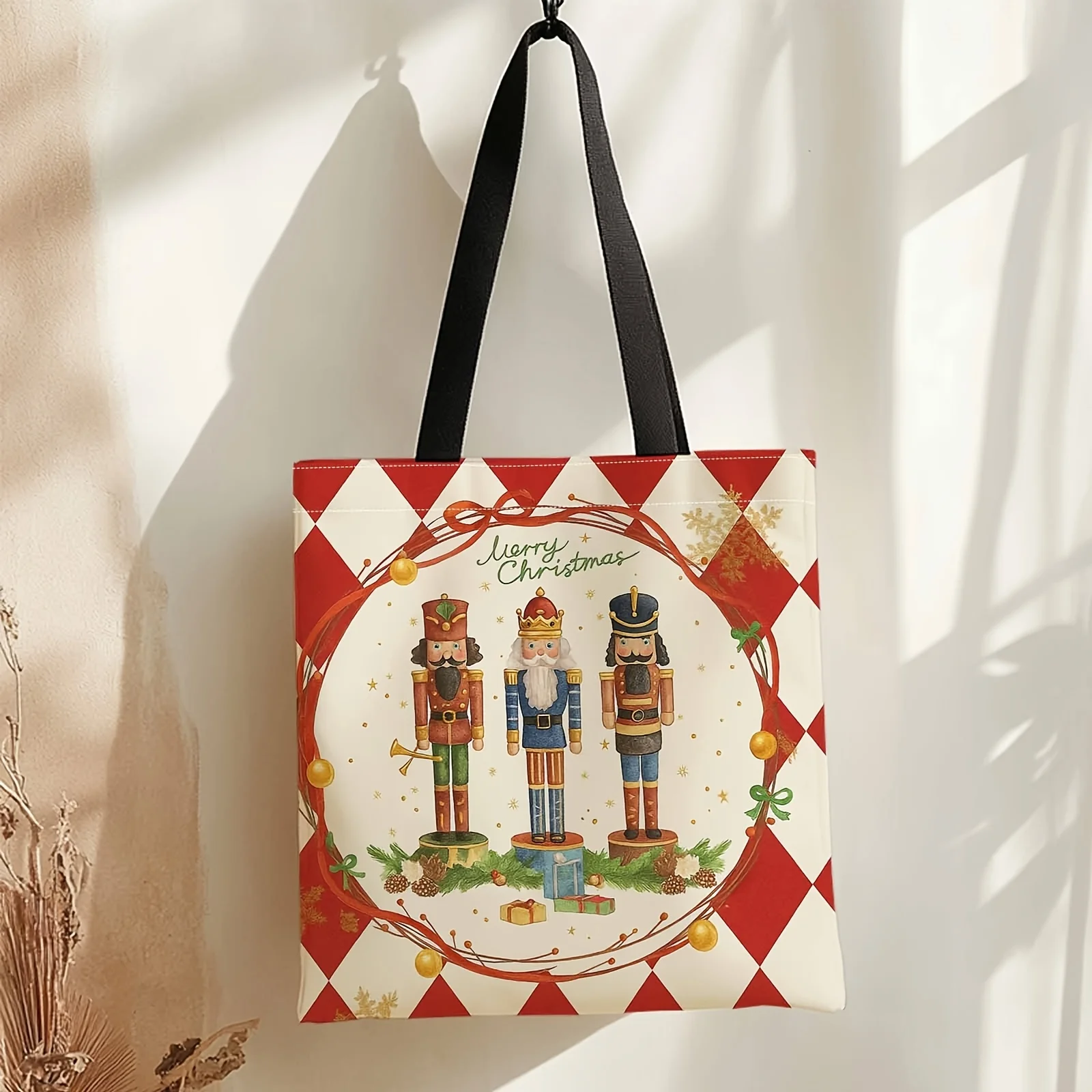 Large Capacity Christmas Nutcracker Tote Bag Durable Polyester with Festive Red hite Checkered Design Machine Washable