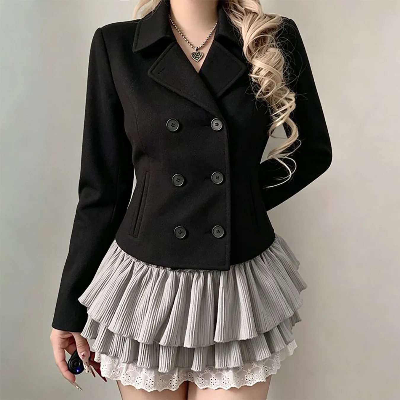 New retro slim fit casual cardigan with double breasted buttons for autumn and winter season Y2K black lapel jacket top