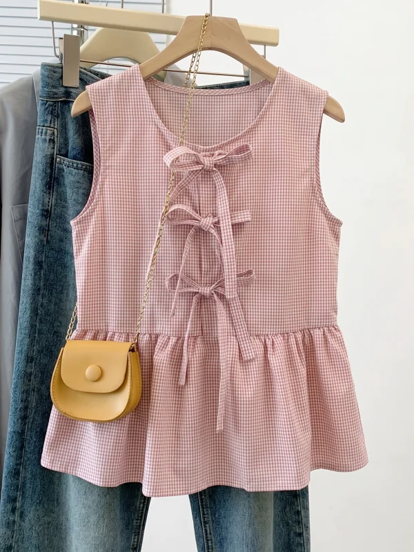 Light Blue Plaid  Knot Vest Women's Summer New Loose Fit Doll Shirt round Neck H-Shape Backless Top Outerwear