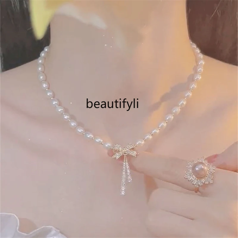 Design Necklace Women's Simple Elegant Pearl Necklace Clavicle Vintage Bow Necklace