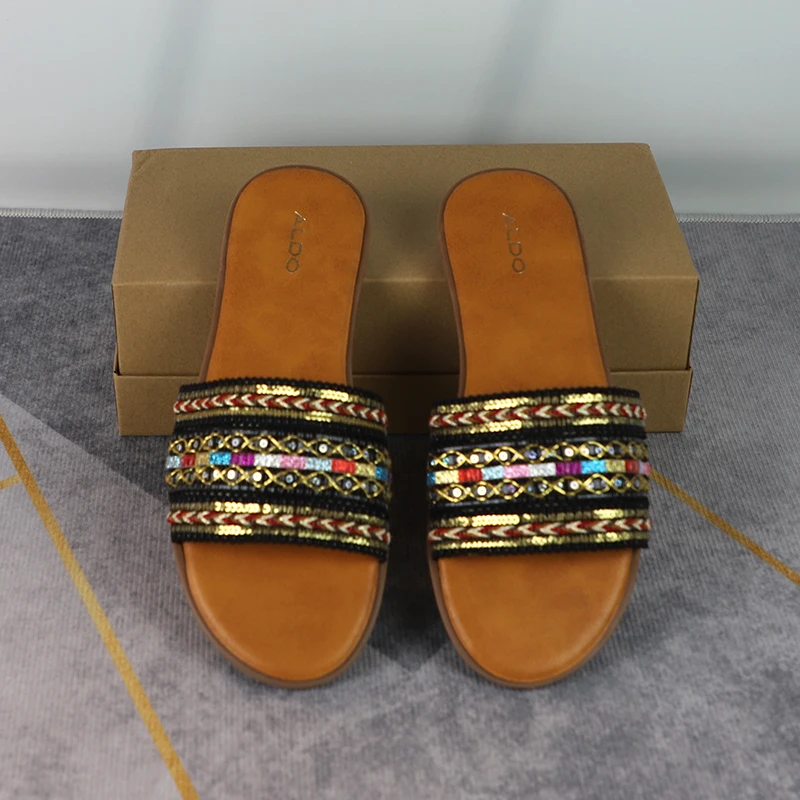 Summer Flat Slippers for Ladies 2024 New Weaving Ethnic Style Open Toe Beach Non Slip Women's Shoes Outdoor Walking Slides