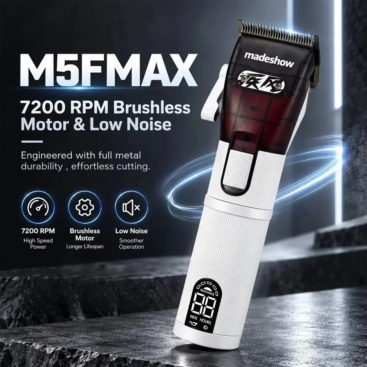 Madeshow M5FMAX Men's Hair Clipper Fade Blade Brushless Motor Full Metal LED Display Low Noise Professional Hair Cutting Machine