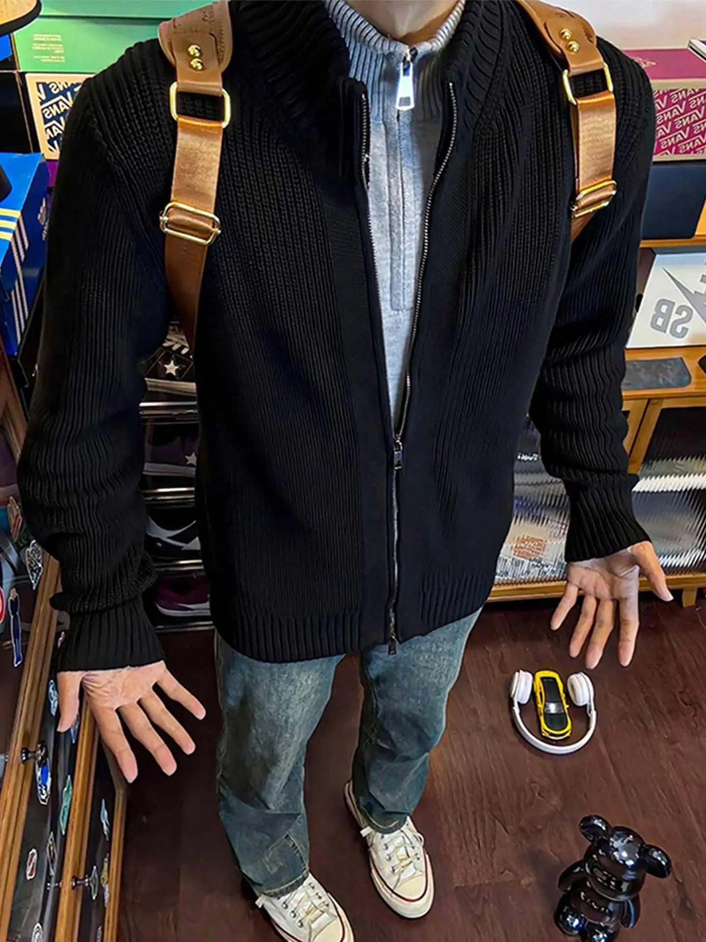 

Bla Cleanfit вязаный джерт с воротником-стойкой, мужской весенне-осенний открытый кардиган с ленивым рукавом, американский джинт с двойной молнией