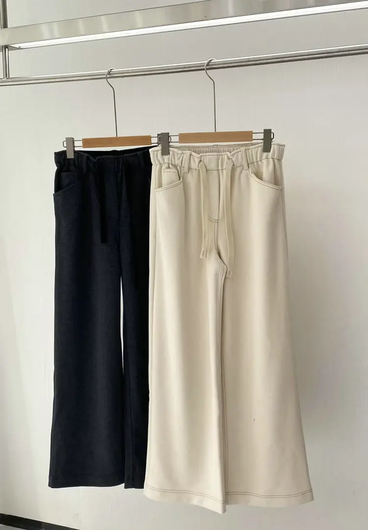 Autumn Winter Women's Wool Blend Trousers Bead Chain Elastic Waist Straight Loose Ladies Wide Leg Pants