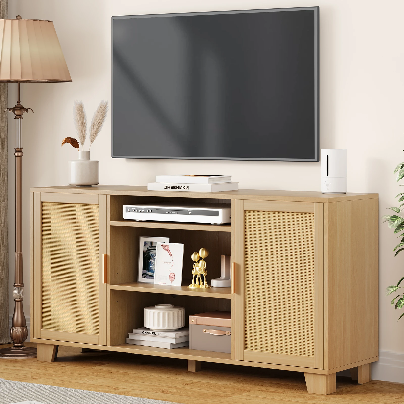 

TV Stand for TVs up to 65 Inch, Entertainment Center with Rattan Door