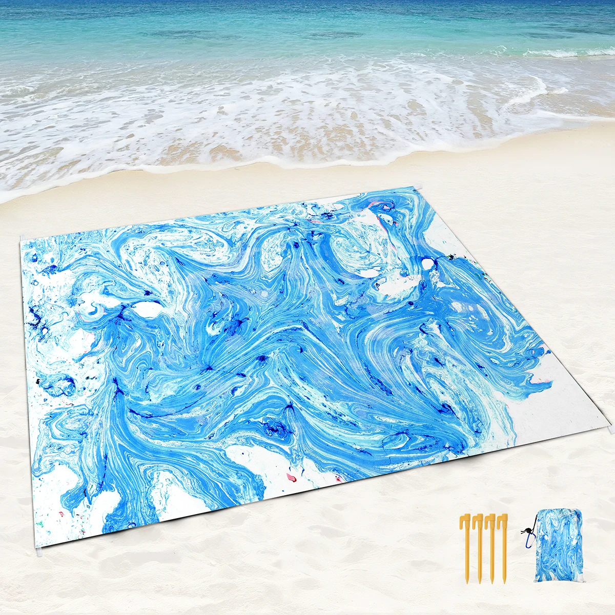 Beach Blanket Waterproof Sandproof,Blue Marble Black Picnic Rugs with Sand Pockets and Stakes,Marbling Outdoor Pad for Seaside