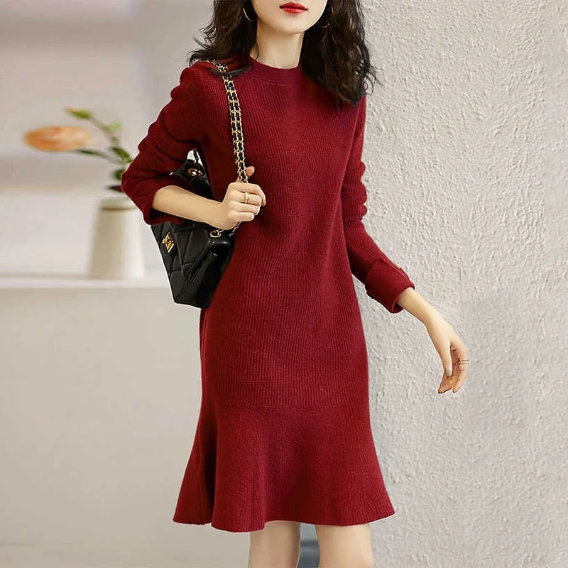 Red Knitted One-piece Dresses for Women Autumn Winter 2024 Loose Women's Sweater Knit Dress Korean Fashion Midi Chic and Elegant