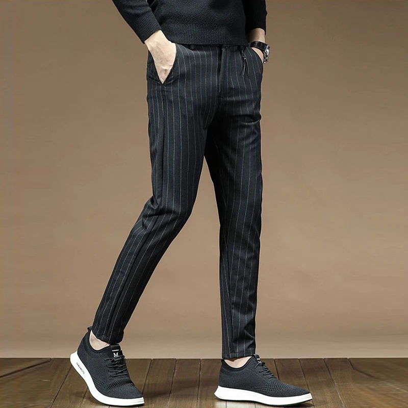 

Men Checkered Smart Casual Suit Pants Male Straight Slim Fit Blazer Pants Ankle Length Cropped GRAY Black Trousers