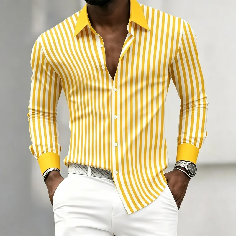 Men's long-sleeved collared shirt with black and white vertical stripes, contrasting collar and cuff design, neat and slim fit. view 4