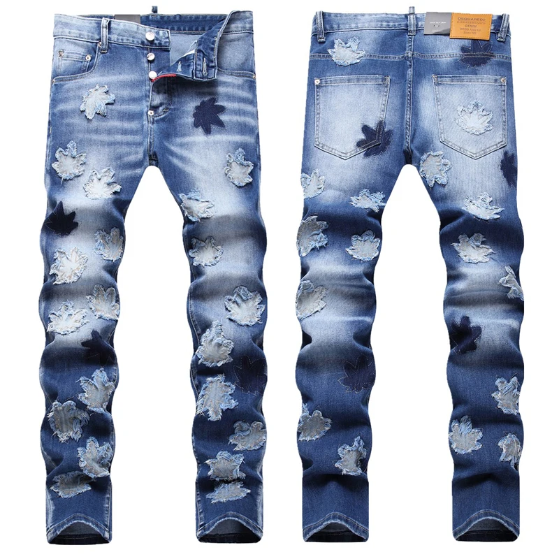 Men's Jeans High Quality Retro Personalized Maple Patch Splicing Slim Hip Hop D2 Denim Pants