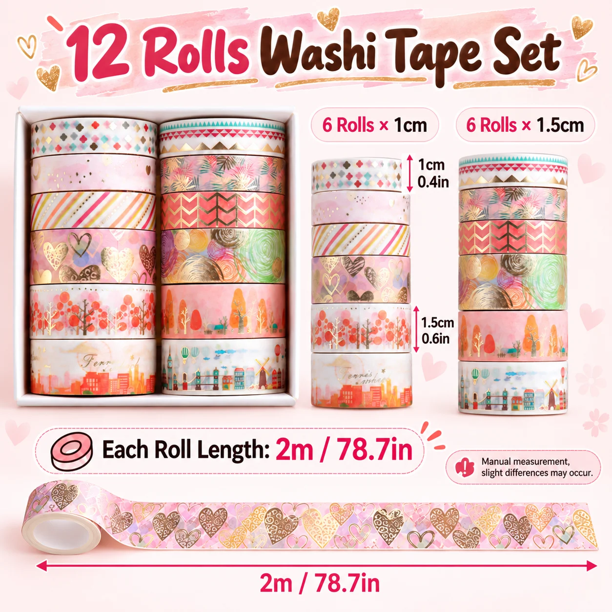 12 Rolls Gold Foil Washi Tape Set, 2 Widths 1cm 1.5cm 2m Pastel Patterns For Journal Scrapbook Diy Craft Gift Wrap Decor