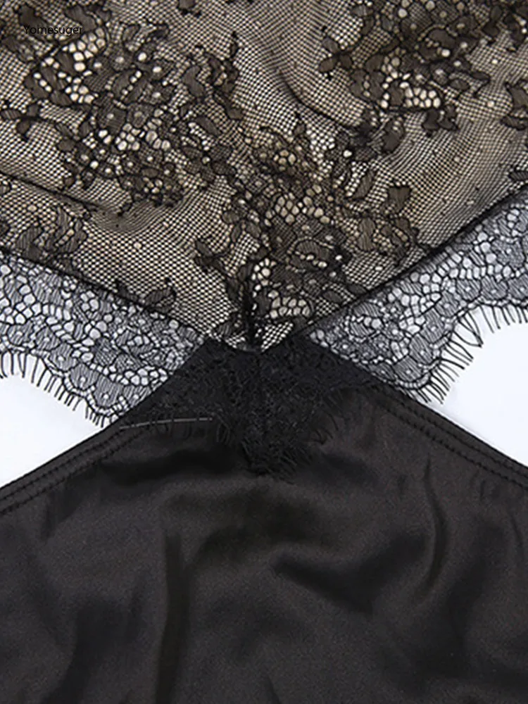 Yomesugar Abito lungo senza spalline in patchwork di pizzo sexy Abito da donna Elegante avvolgente sul petto Abiti da festa irregolari senza schienale Clubwear