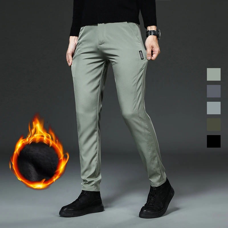 5 Color Slim Fashion Fleece Casual Pants for Men Thicken Velvet Business Elasticity Trousers New Thermal Classic Men's Clothing