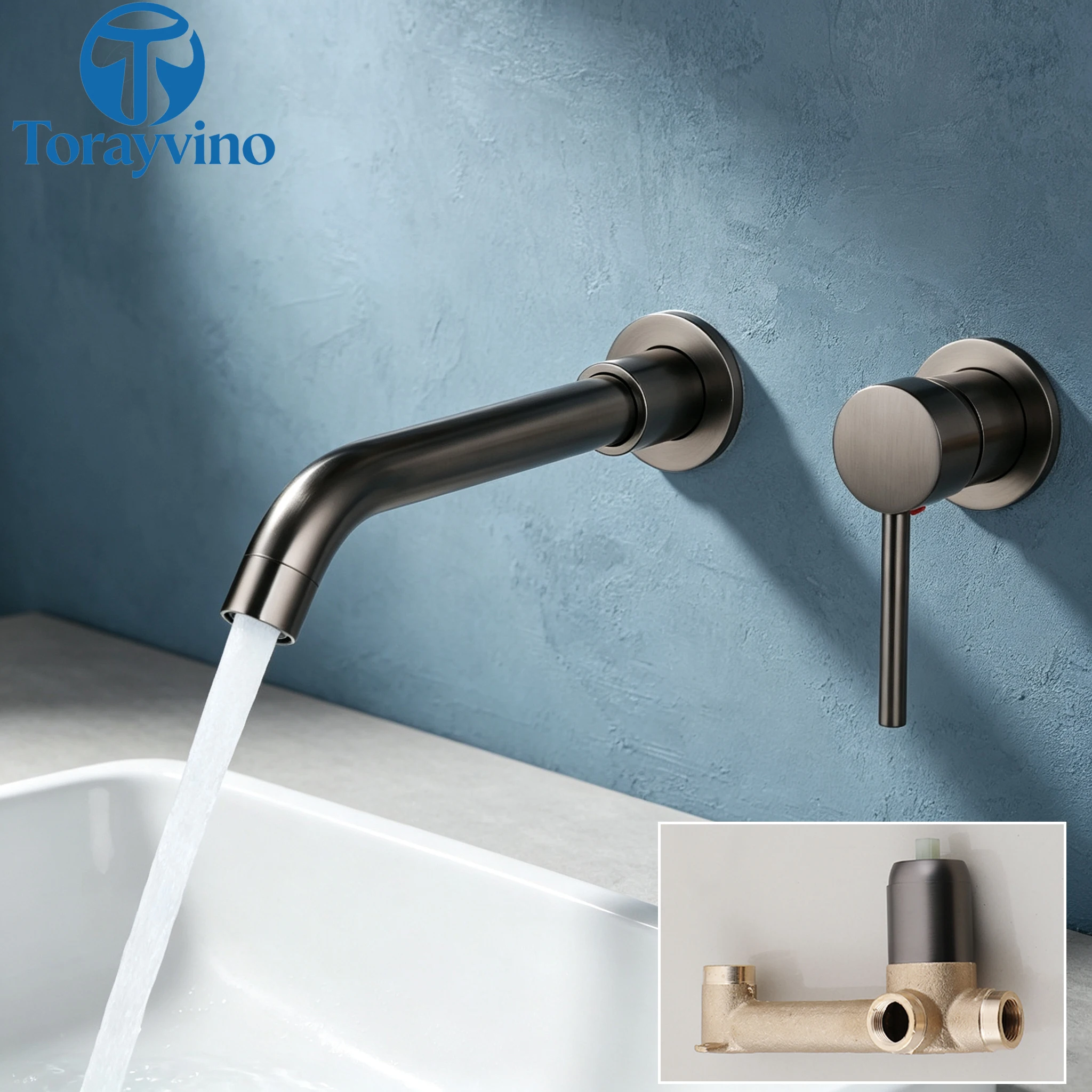 Torayvino Bathroom Gold 360 Swivel Spout Sink Faucet Wall Mount Bathtub Faucet Basin Shower Systerm Faucet Set Bath Mixer Tap
