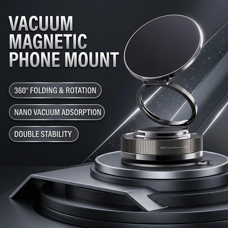 Folding 3-Axis Vacuum Magnetic Car Phone Mount, Super Strong Nano Gel Suction Cup Dashboard Holder For iPhone 18 17 For Samsung