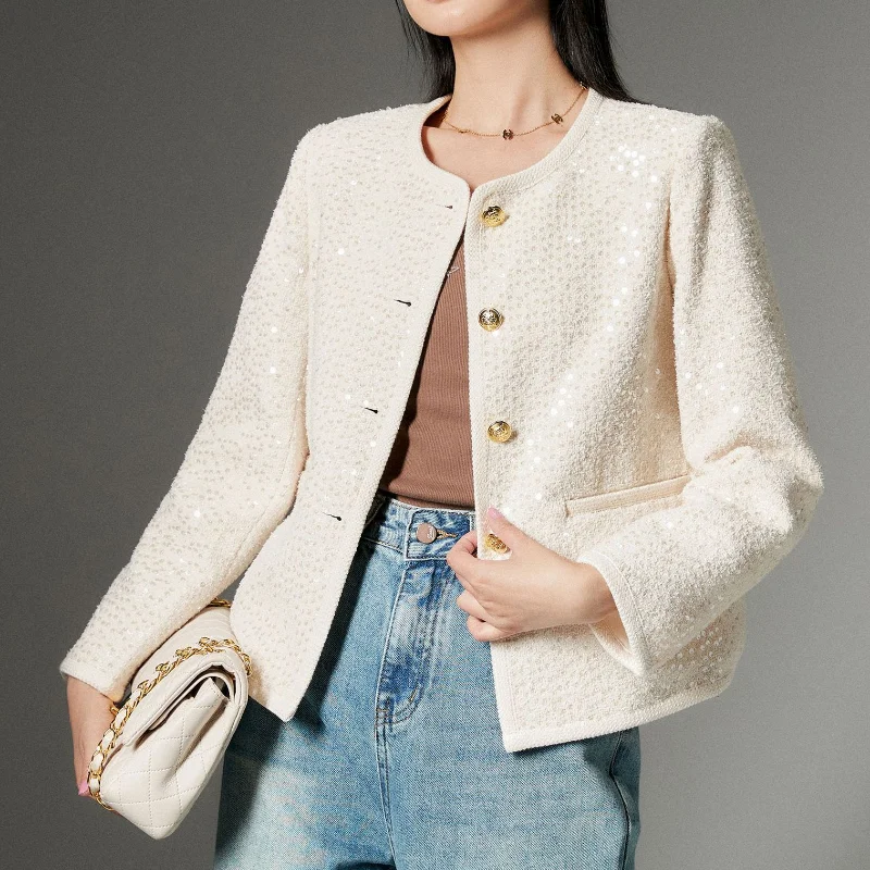 

Women O Neck Sequined French Small Fragrance White Casual Coat Shiny Classic Elegant Chic Basic Long Sleeve High Quality Jacket