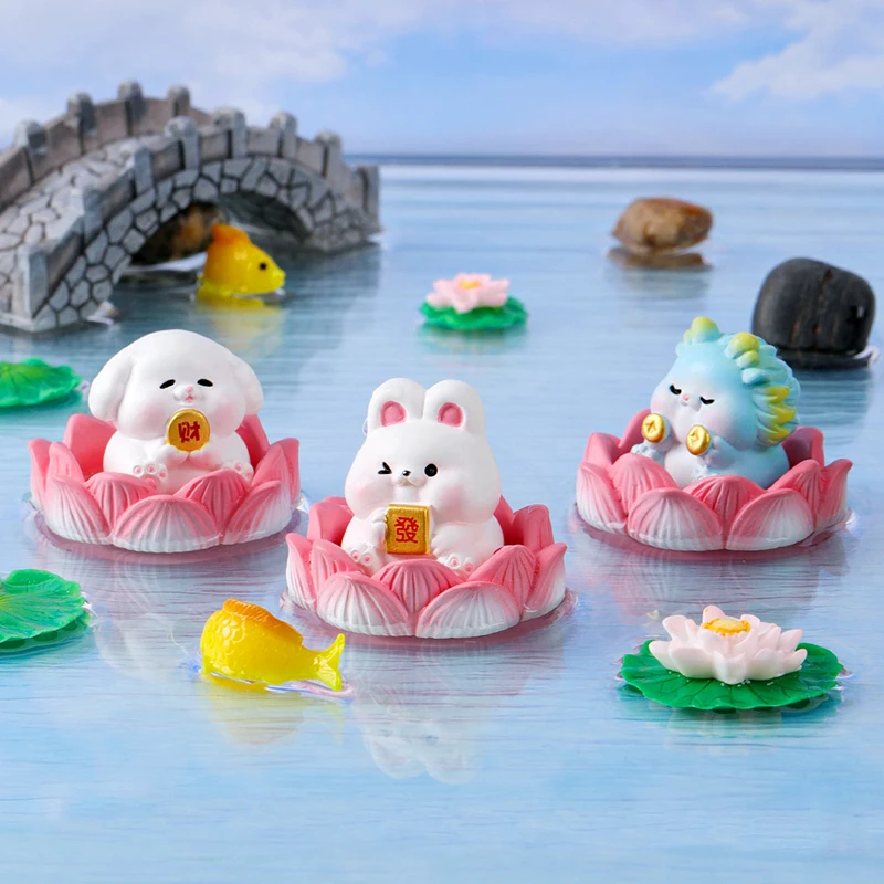 Creatieve Lotus Rijkdom Dieren Miniatuur Beeldjes Cartoon Desktop Auto Micro Landschap Home Versiering Accessoires Cadeau