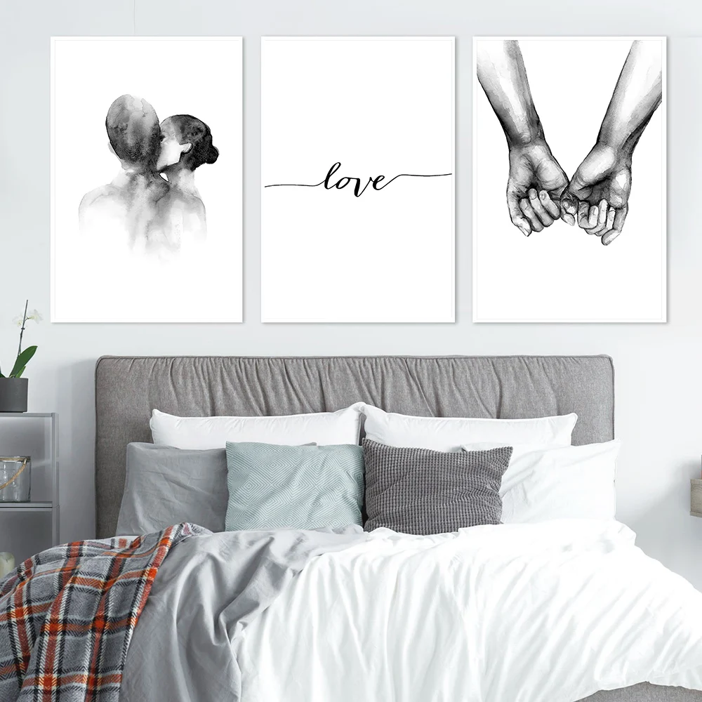 

Black and White Couple Kiss Holding Hands Wall Art Canvas Poster Print Love Painting Picture for Living Room Home Decor