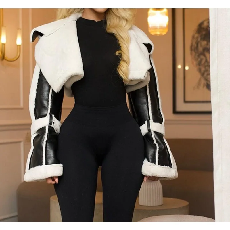 

2025 Autumn New Women's Fashion Street Style PU Leather Patchwork Fur Collar Short Crop Jacket