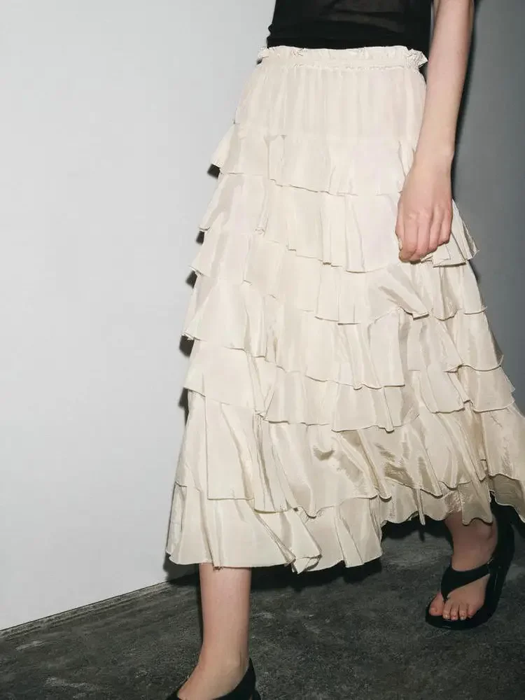 

Новая женская элегантная длинная пляжная юбка-миди трапециевидной формы с многоуровневыми оборками, шикарная женская винтажная роскошная высококачественная свободная многослойная юбка