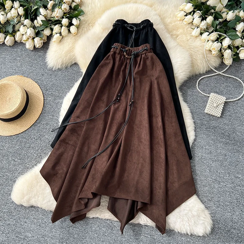 Fashion France Style Women Skirt Irregular Summer Lace Up Female Midi Skirt Black Elegant Faux Suede Ladies Skirt