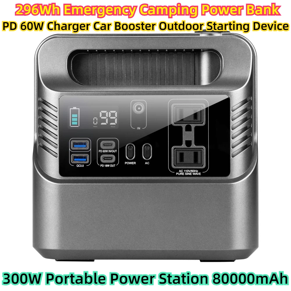 

296Wh Emergency Camping Power Bank PD 60W Charger Car Booster Outdoor Starting Device 300W Portable Power Station 80000mAh