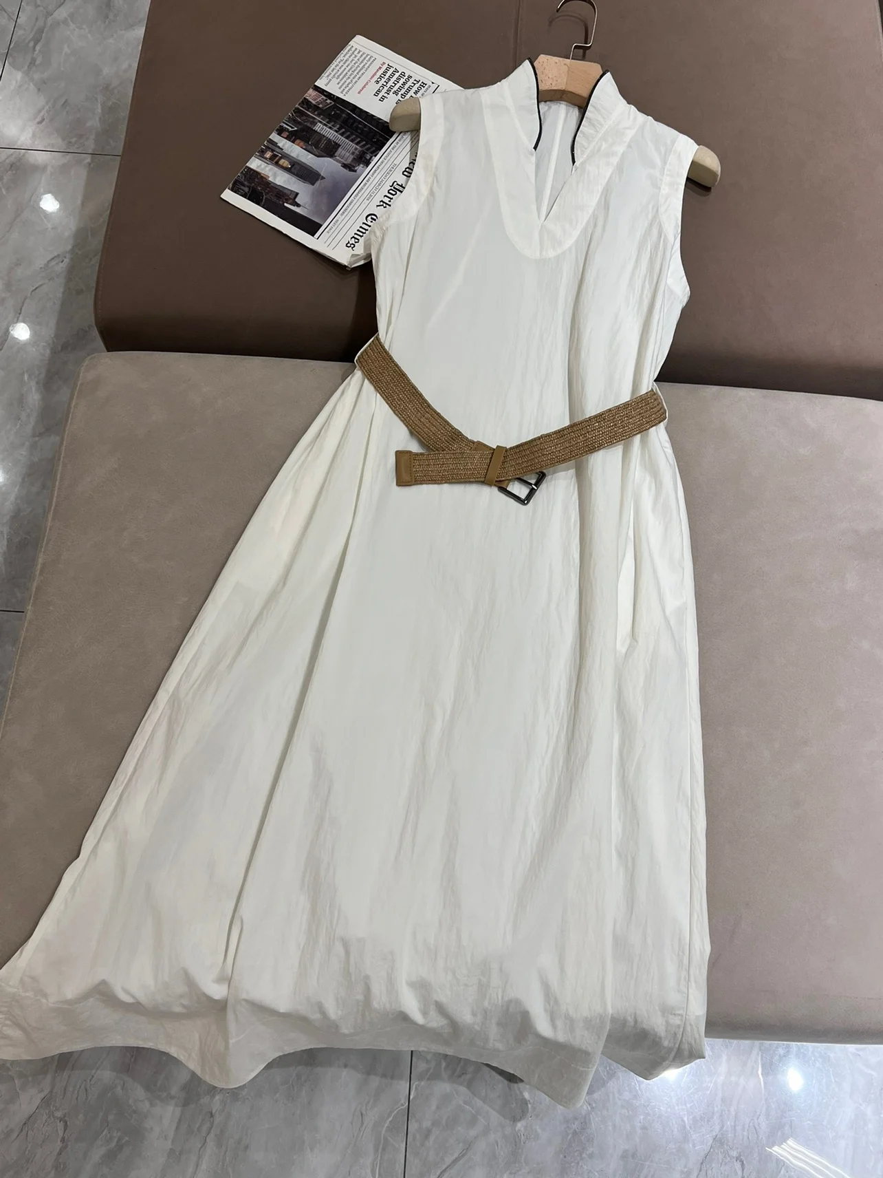 Cotton summer sleeveless belt fitted feminine midi dress