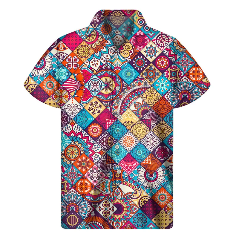 Colorful Bohemian Floral Hawaiian Shirt Men Summer Street Oversized Short Sleeves 3d Printed Ethnic Shirts Button Lapel Blouse