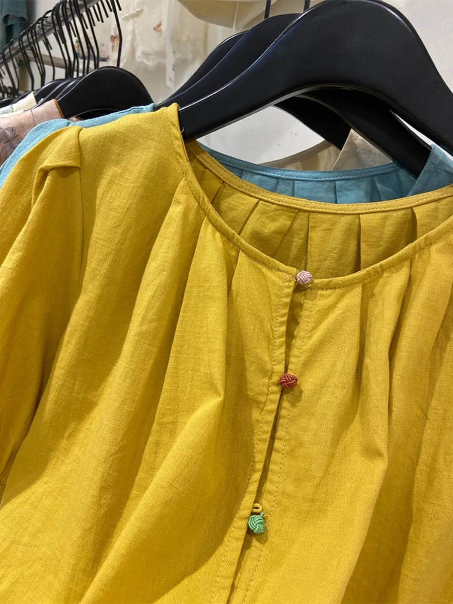 المرأة ort Sve القطن الكتان فقاعة Sve irt فضفاضة تناسب الصيف Faion الكورية Sle أعلى جولة Ne ملابس العمل غير رسمية #4