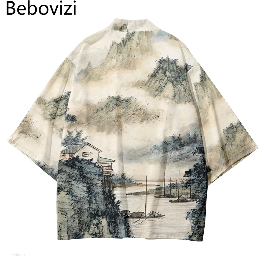 

National Wind Landscape Ink Painting New Product Traditional Kimono 2022 Chinese Style Cardigan Digital Printing Beach Haori