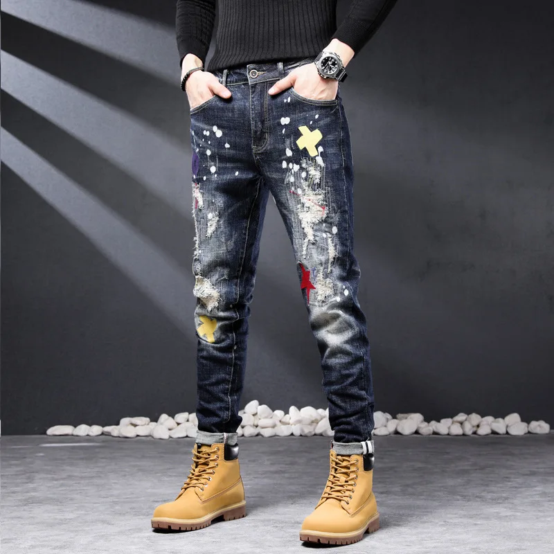 Autumn fashion new jeans with paint scratches washed nostalgic stretch slim fit retro blue men's jeans designer pants Y2K