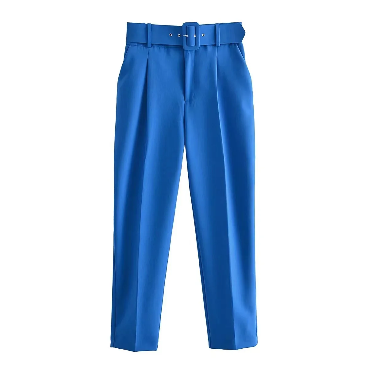 New Casual Pants with Micro Elasticity Slim Fit and Slimming Belt Decoration Solid Color Straight Leg Suit Cropped Pants