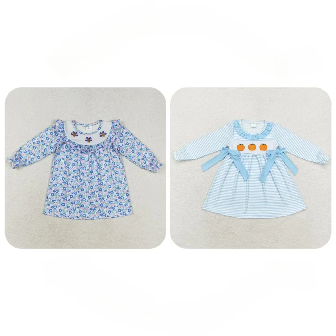 

Wholesale Infant Toddler Long Sleeves Baby Girl Thanksgiving Embroidery Pumpkin turkey Stripes Flower Dress Kid Children Clothes