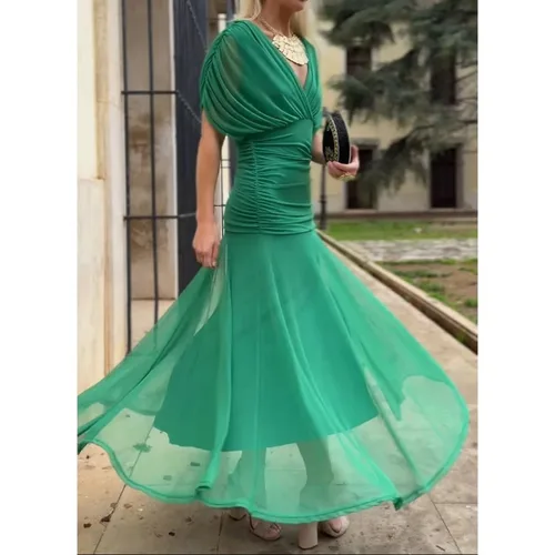Imagen 2 del producto Vestido de fiesta elegante con manga de murciélago para mujer, vestido de fiesta de cóctel con pecho bajo, vestido de fiesta plisado estampado, falda larga de malla