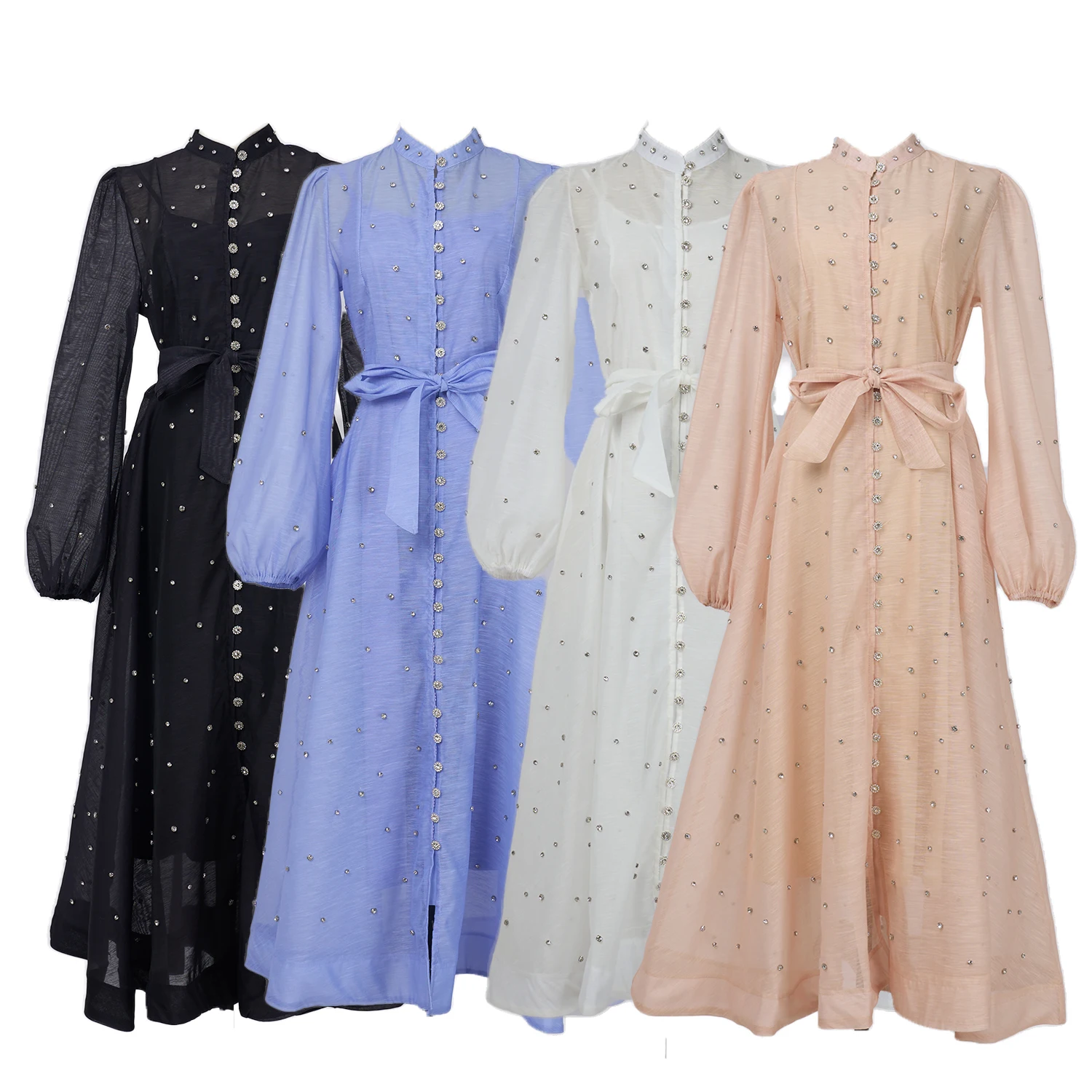 Luxury Crystal Long Dress Women Summer 2025 Spring See Through Cotton Linen Dresses Full Sleeve Evening Vestidos Party Robe