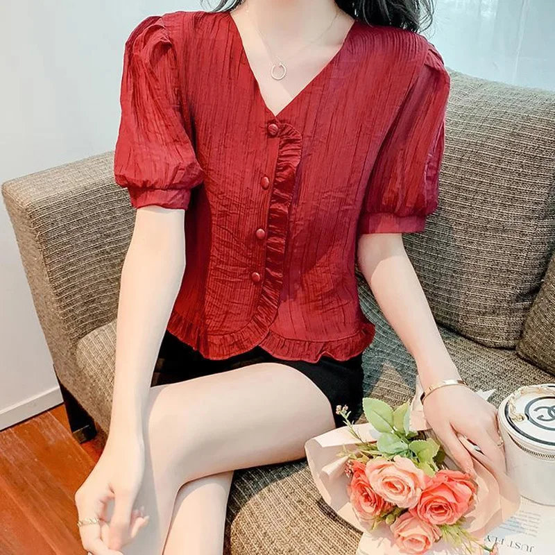 Sumemr New Korean Fashion Ruffles Blouse Short Sleeve V Neck Solid Color Pleated Short Shirt Tops Fashion Elegant Women Clothing