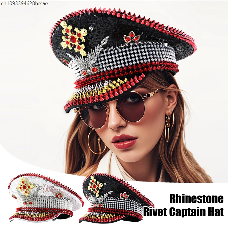 

Steampunk Captain Hat Rivet Sequin Masquerade Festive Performances Unisex Adult Military Cap Rhinestone Festival Halloween Hat