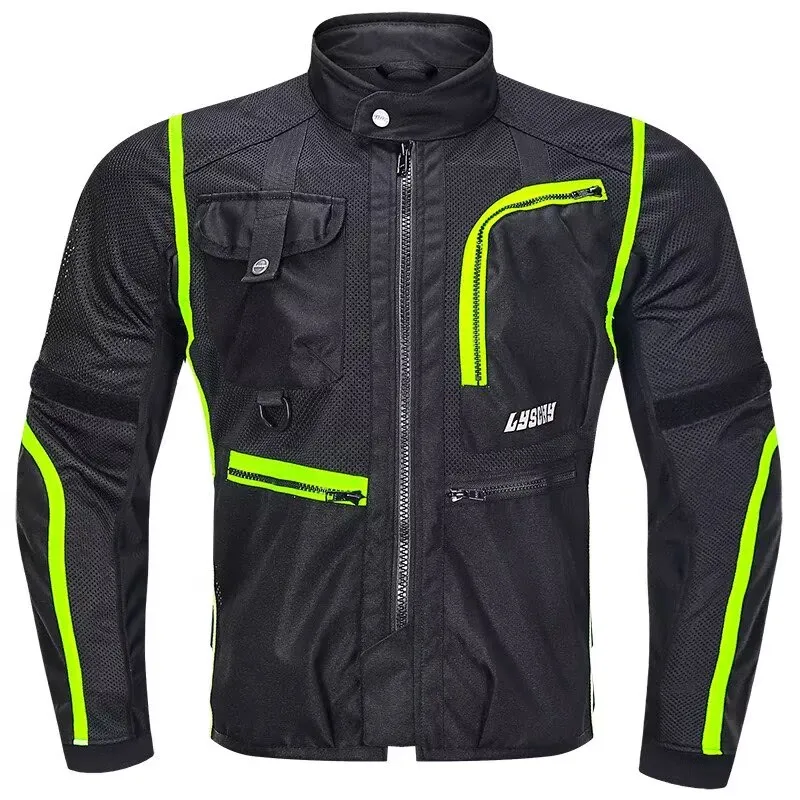 LYSCHY Summer Breathable Mesh Motorcycle Reflective Jacket Men Women Racing Pants with 6pcs Protectors Anti-fall Gear