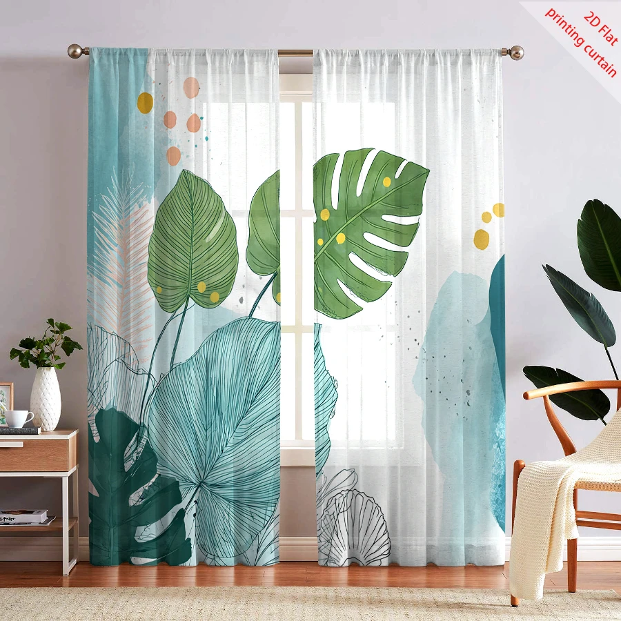 2PCS Digital Print Sheer Curtain, Blue Green Tropical Leaf, Boho Chic Window Curtains for Living Room Bedroom Home Decor