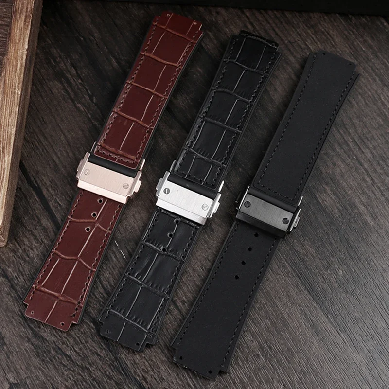 26*19mm Real Cow Leather Rubber Watchband for HUBLOT Classic Fusion Universe Big Bang Series Men belt Watch band butterfly Buckl