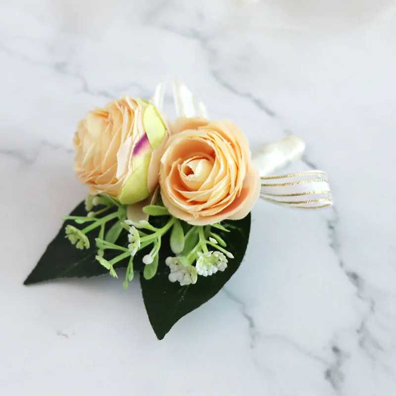 Yellow Pink Wedding Corsages Groom Boutonniere Silk Rose Man Brooches Wedding Bridesmaids Corsage Small Flower