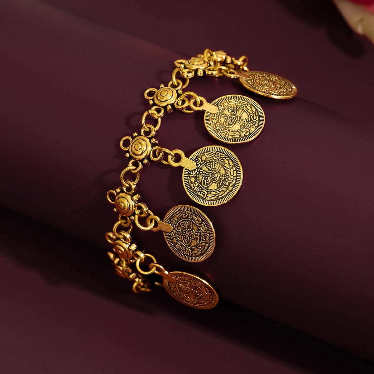 Exotic Carved Coin-Shaped Tassel Bracelet & Anklet - Dual-Use Accessory For Bridal, Banquet, Party & Beach Vacation