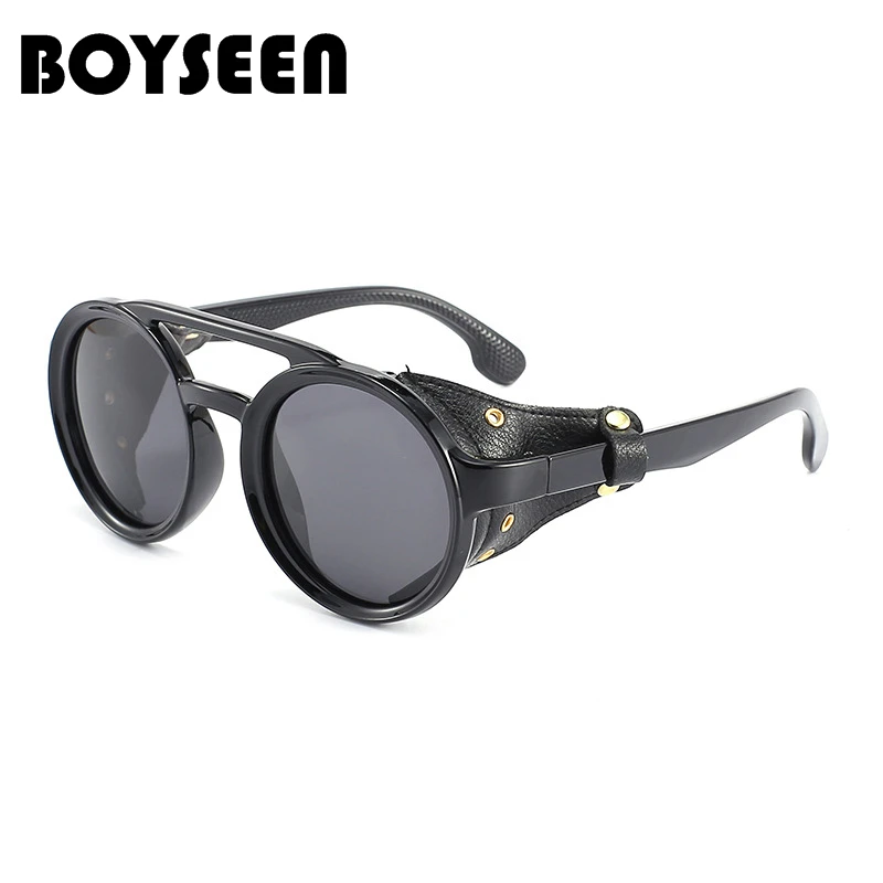 BOYSEEN Polarized Motorcycle Goggles With Side Leather Men Women Punk Hiphop Sunglasses Round  Vintage Sun Glasses UV400 Lenses