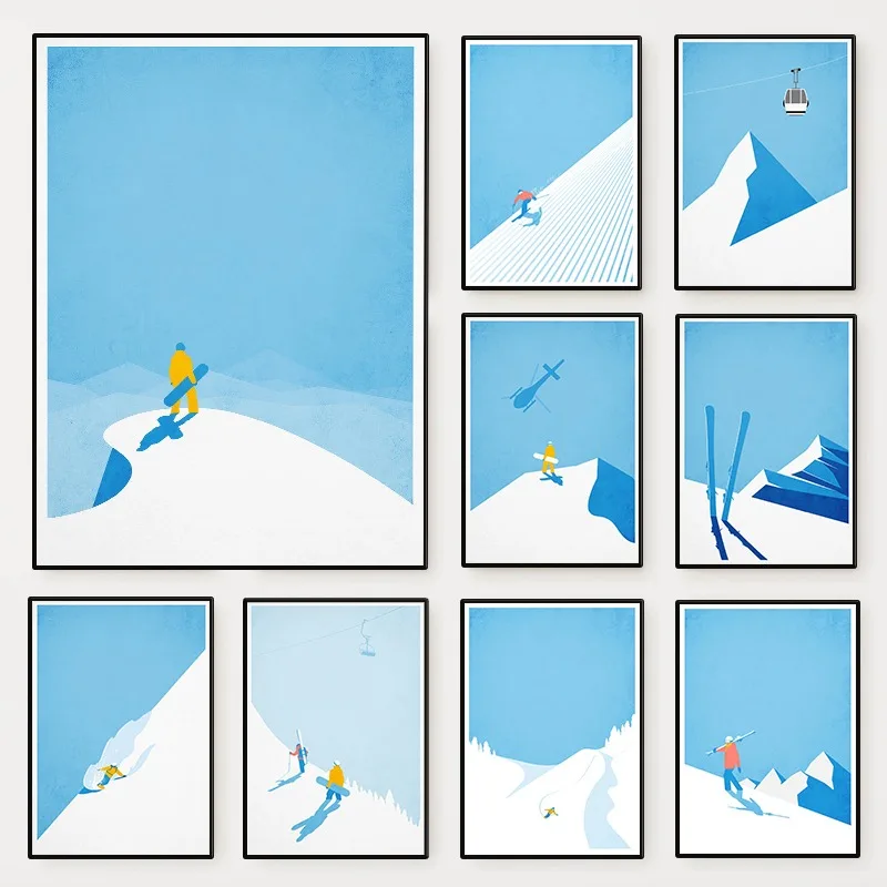 Winter Sport Ski and Snowboard Poster Minimalist Vintage Mountain Scenery Canvas Painting Gallery Wall Art for Room Home Deco