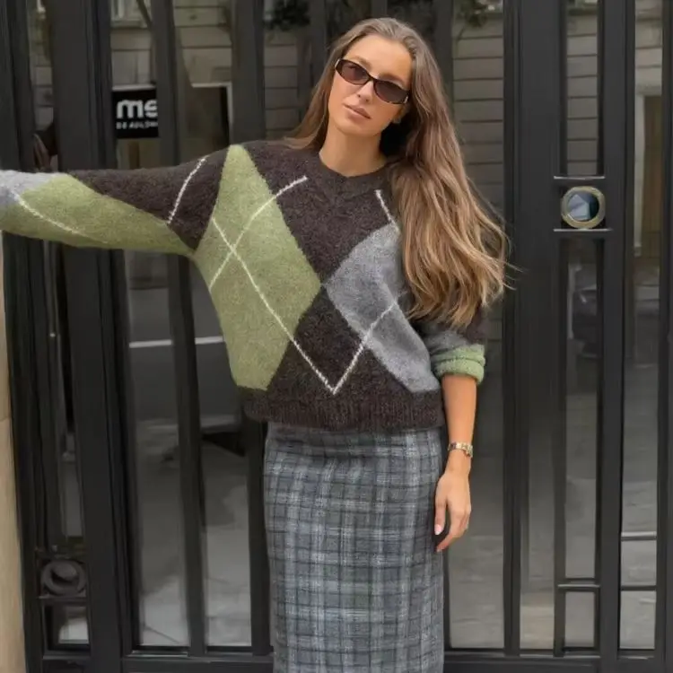 Retro Trendy Color Block Sweater Midi Skirt Women Outfit Autumn Vintage Stylish Female Casual Streetwear