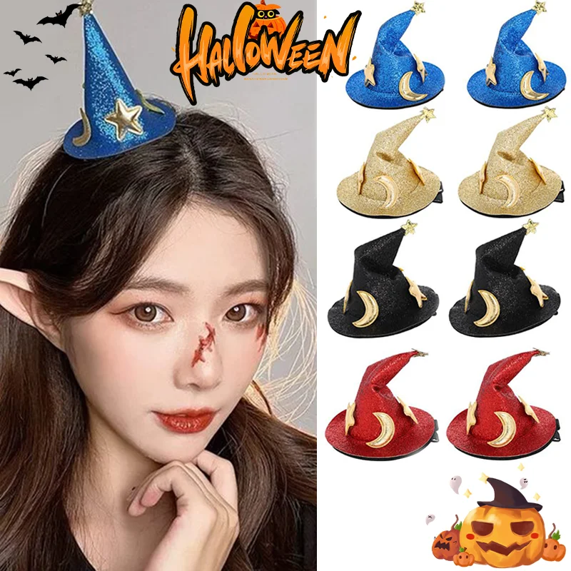 4pcs New Mini Witch Hat Hairclips Star Moon Halloween Hairpins for Party Festival Headdress Halloween Barrette Hair Accessories