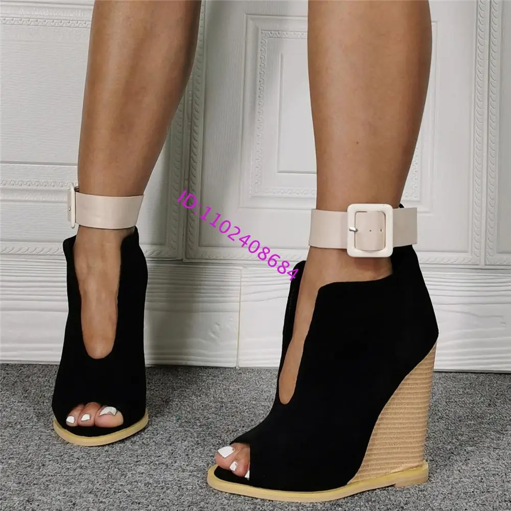 Sexy Lady Super High Wedge Open Toe Shoes Real Photos Woman Peep Toe Belt Strap High Wedge Shoes