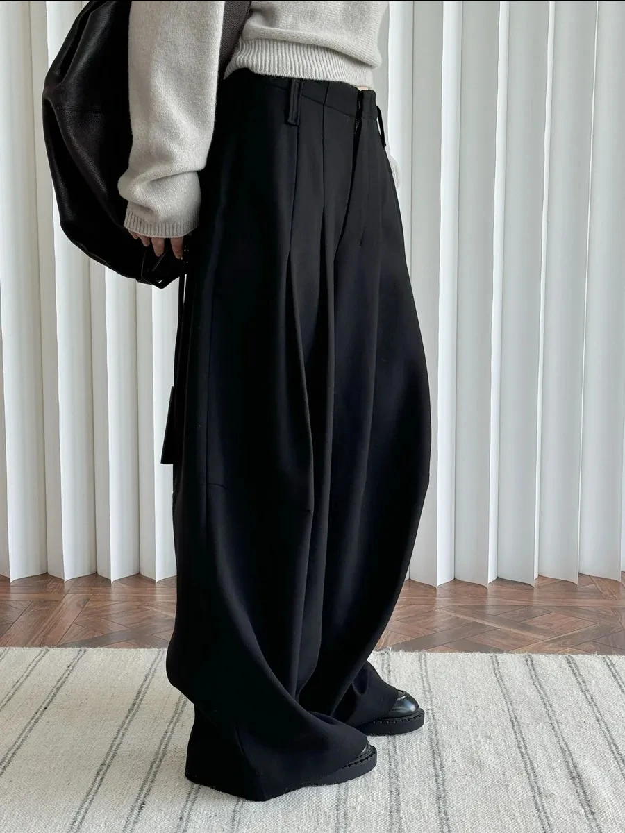 Trendy 2026 Women Pleated Wide Leg Pants High Waist Loose Draped Black Casual Streetwear Trousers With Pockets