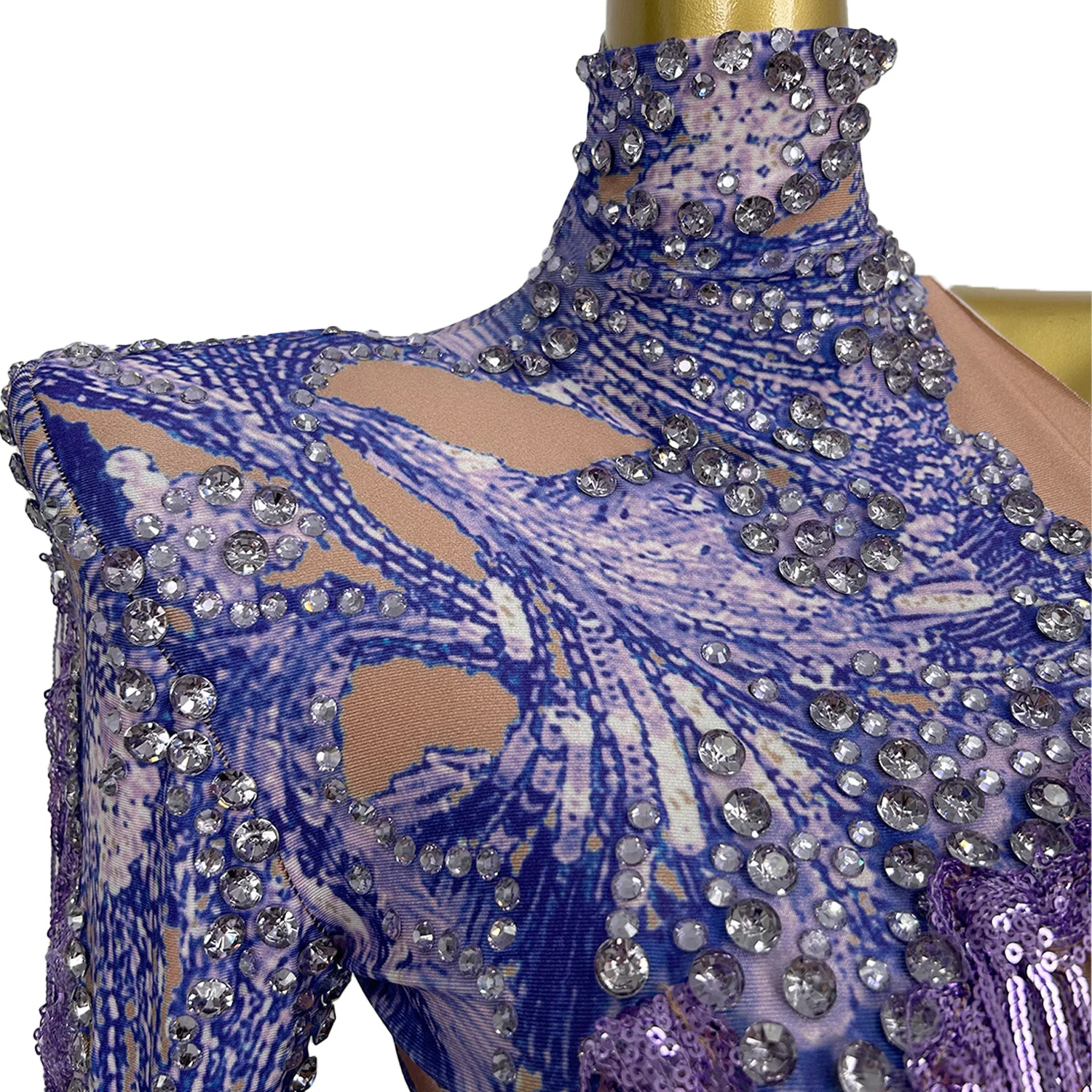 Sexy One Sleeved Leotard Latin Pole Dance Performance Costume Purple Sequins Tassel Bodysuit Nightclub Bar Party Dress Duxiu