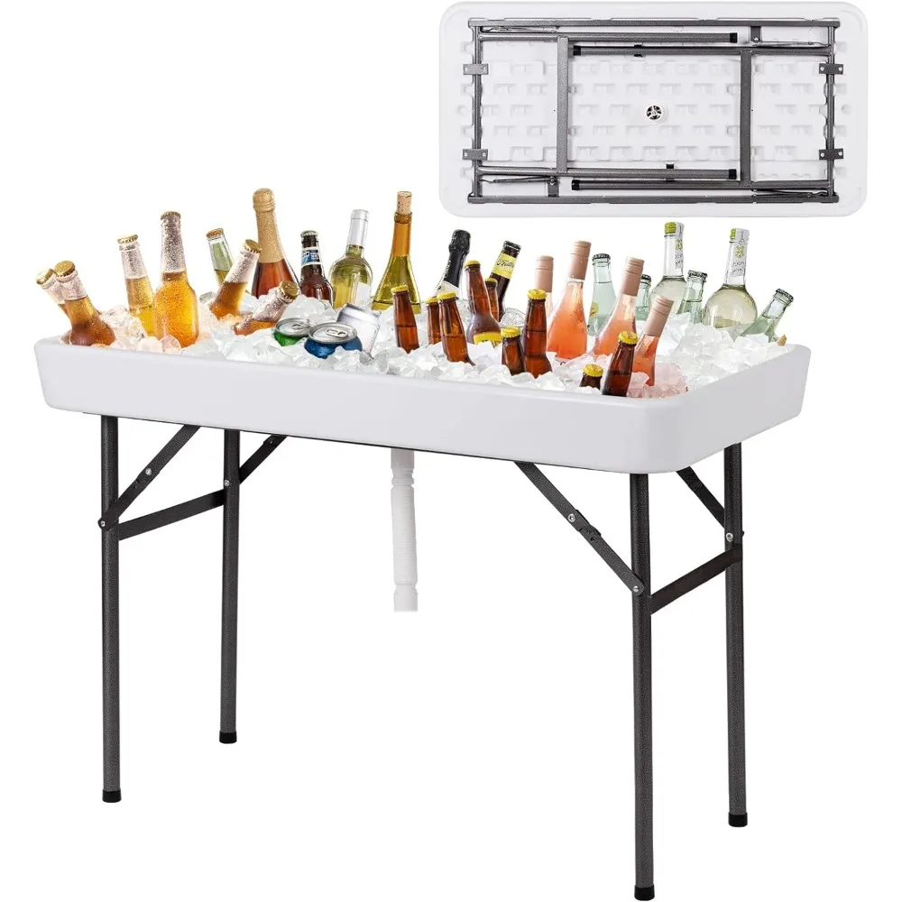 4 Foot Folding Ice Table with Drain and Removable Matching Skirt, No Assembly Fill and Chill Table for Cooling Food Beve